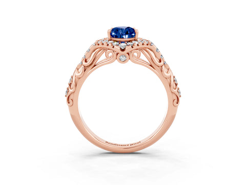 Rose gold Pear Cut Blue Sapphire Solitaire Ring with Hidden Halo and Pavé Band_39