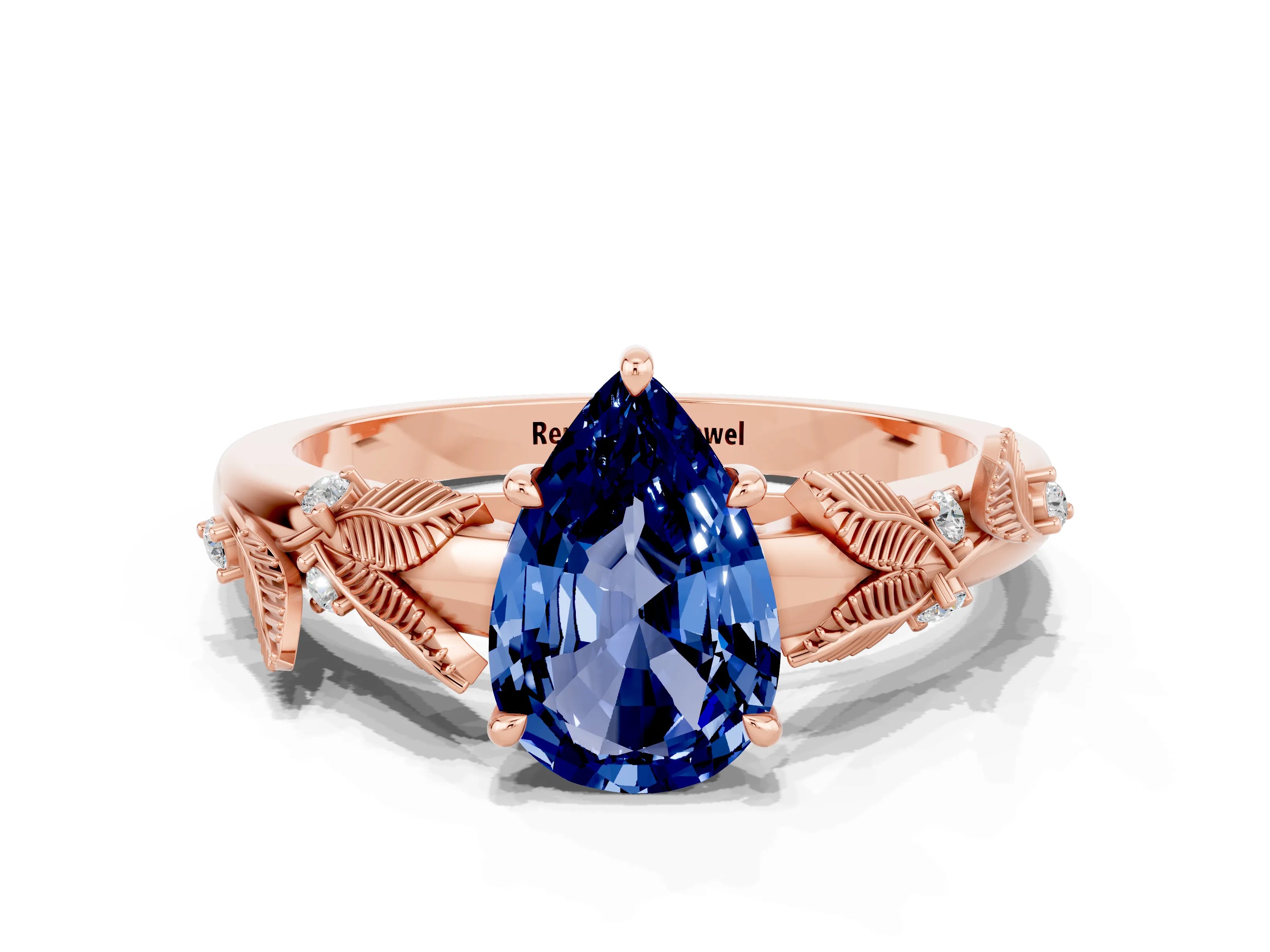 Rose gold Pear Cut Blue Sapphire Solitaire Ring with Leaf Motif Band and Four-Prong Setting