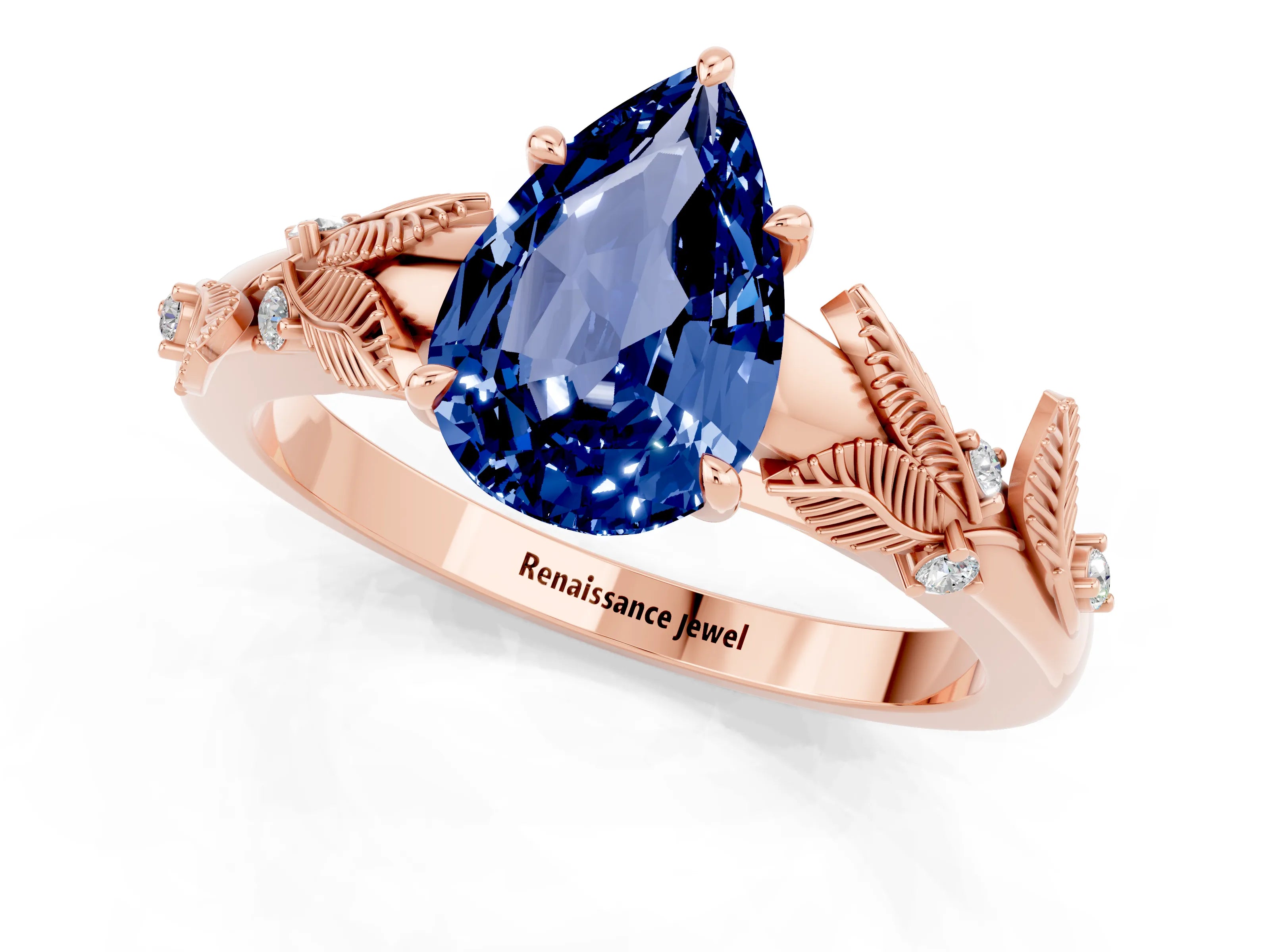 Rose gold Pear Cut Blue Sapphire Solitaire Ring with Leaf Motif Band and Four-Prong Setting_1