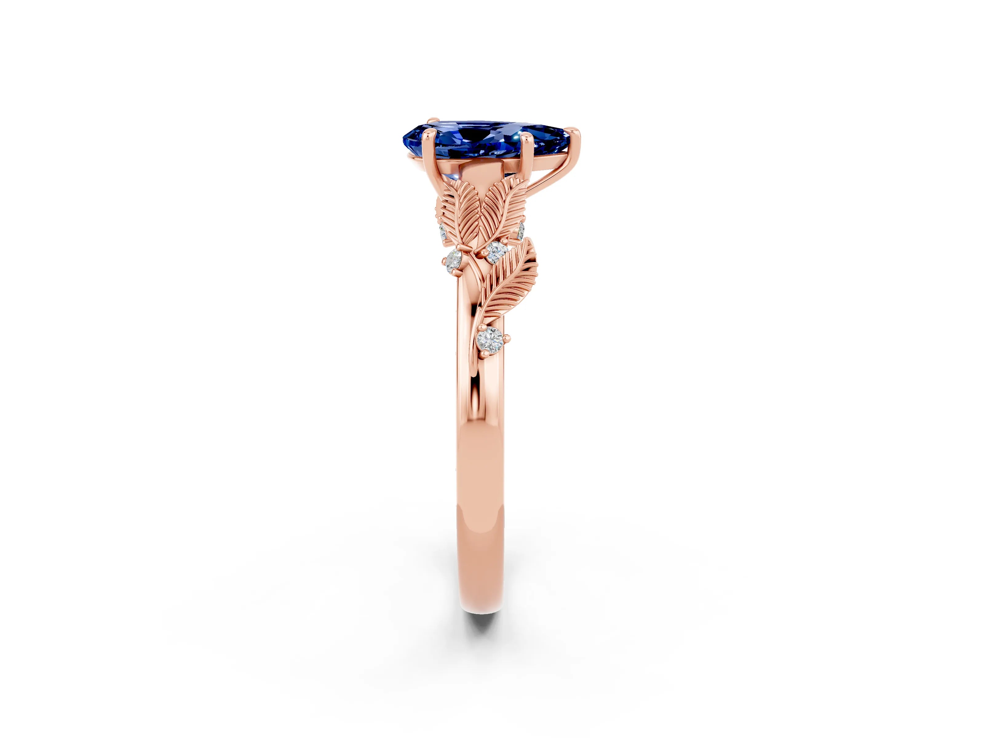 Rose gold Pear Cut Blue Sapphire Solitaire Ring with Leaf Motif Band and Four-Prong Setting_2