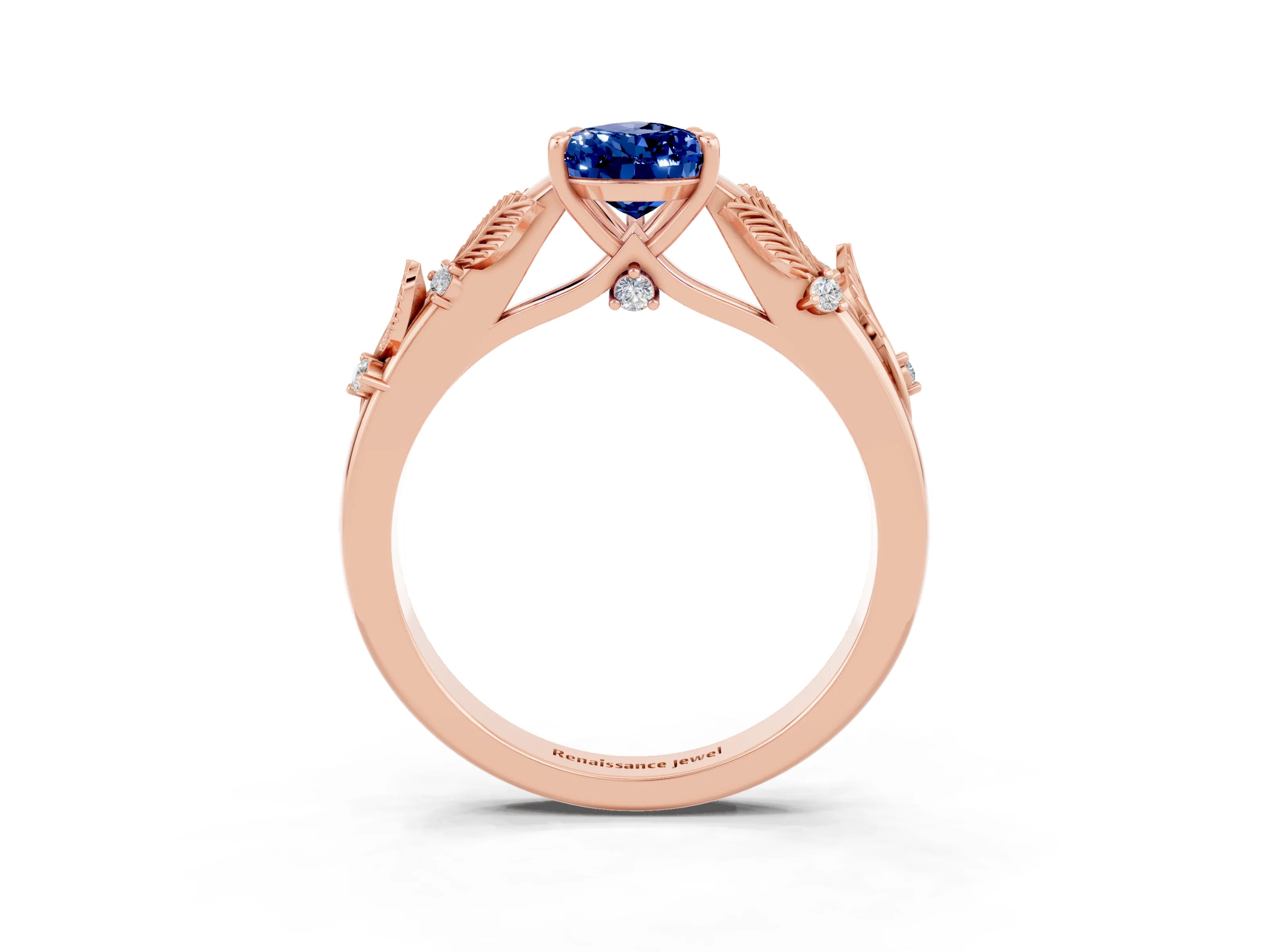 Rose gold Pear Cut Blue Sapphire Solitaire Ring with Leaf Motif Band and Four-Prong Setting_3