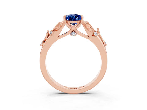 Rose gold Pear Cut Blue Sapphire Solitaire Ring with Leaf Motif Band and Four-Prong Setting_3