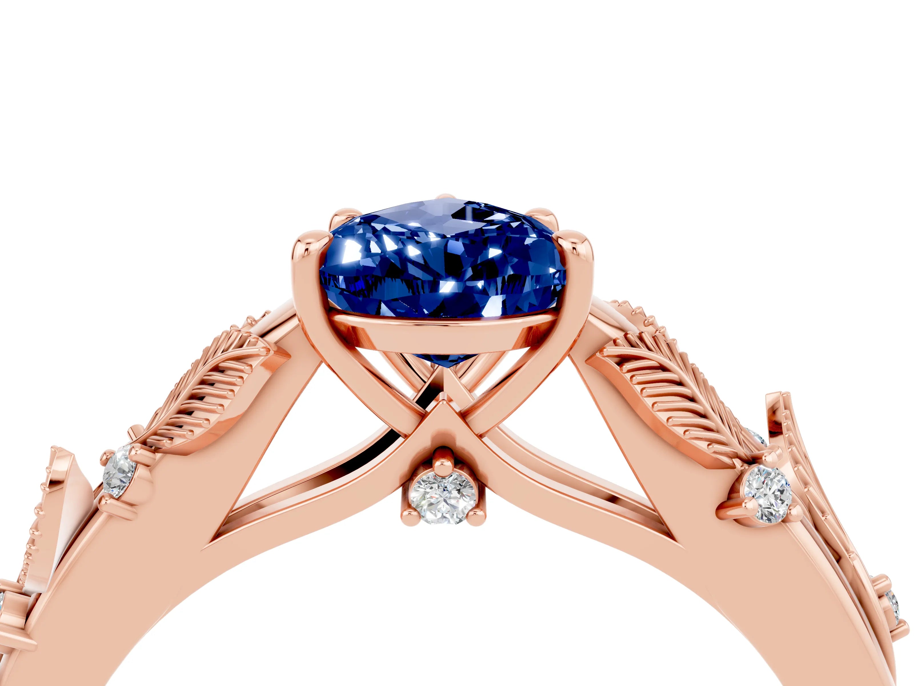 Rose gold Pear Cut Blue Sapphire Solitaire Ring with Leaf Motif Band and Four-Prong Setting_4
