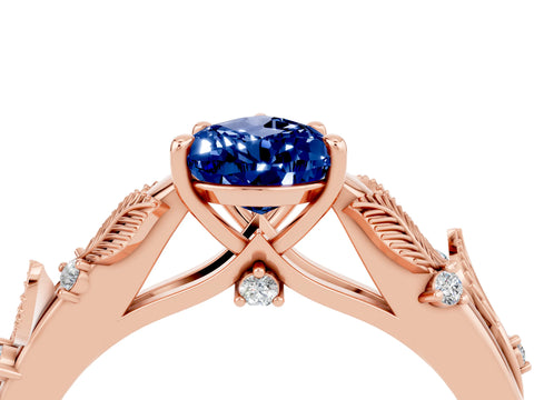 Rose gold Pear Cut Blue Sapphire Solitaire Ring with Leaf Motif Band and Four-Prong Setting_4