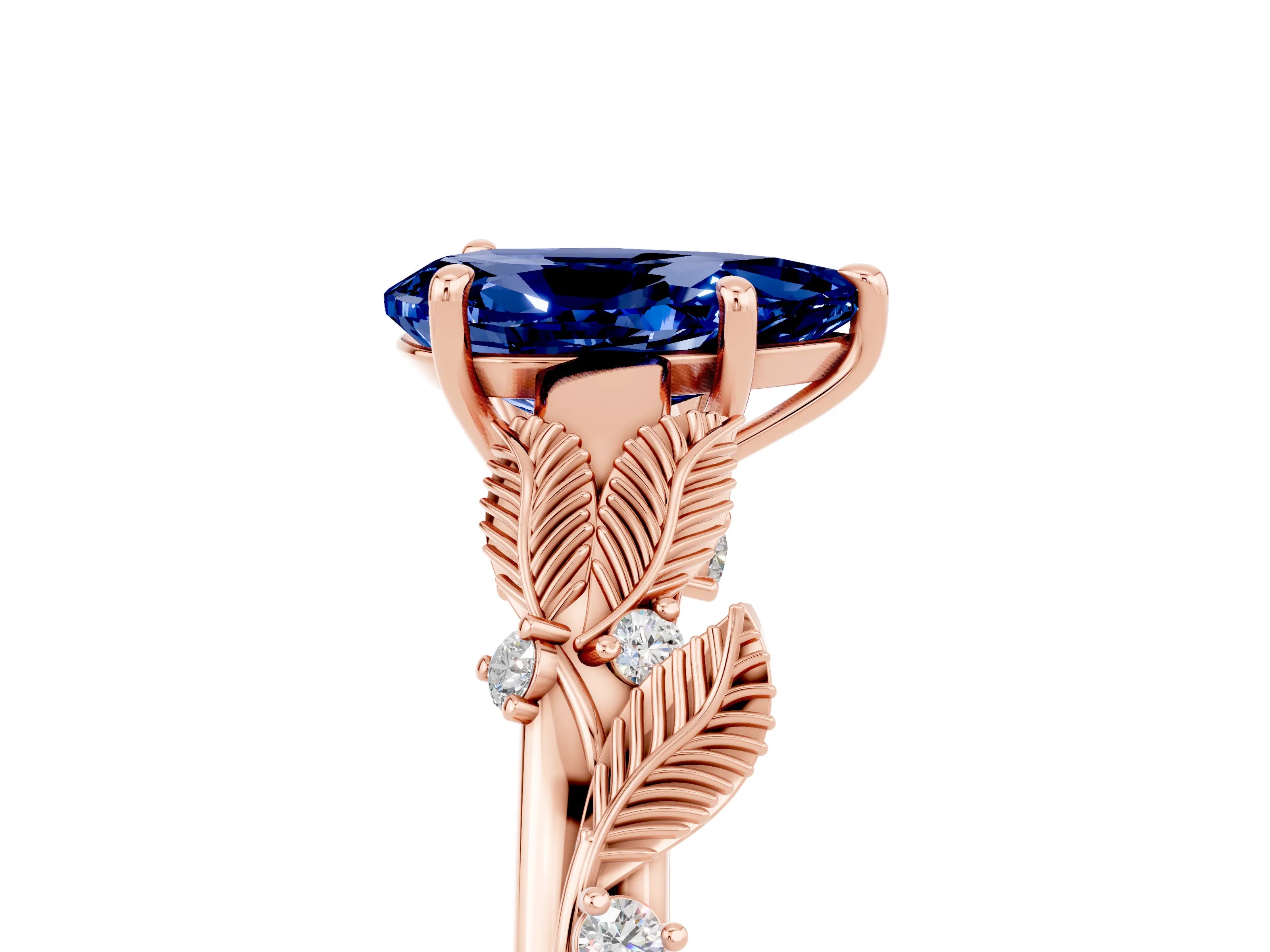 Rose gold Pear Cut Blue Sapphire Solitaire Ring with Leaf Motif Band and Four-Prong Setting_5