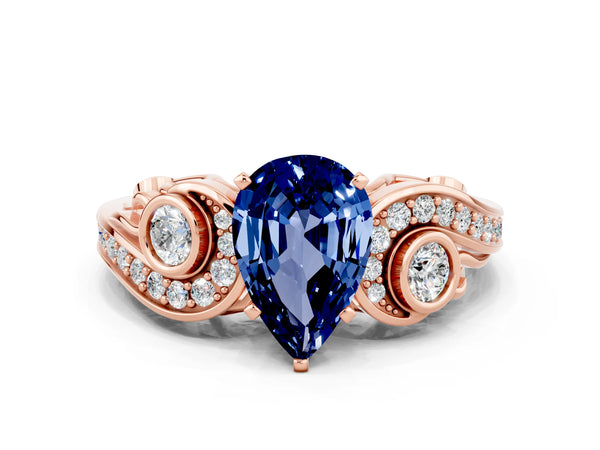 Rose gold Pear Cut Blue Sapphire Solitaire Ring with Milgrain Pavé Band and Four-Prong Setting