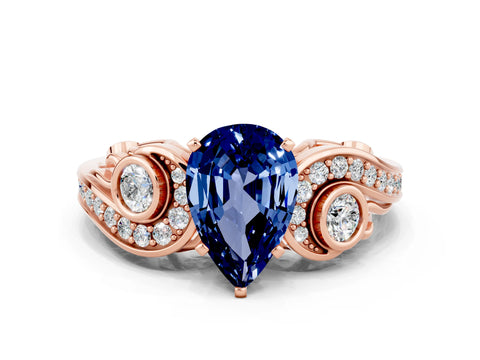 Rose gold Pear Cut Blue Sapphire Solitaire Ring with Milgrain Pavé Band and Four-Prong Setting_24