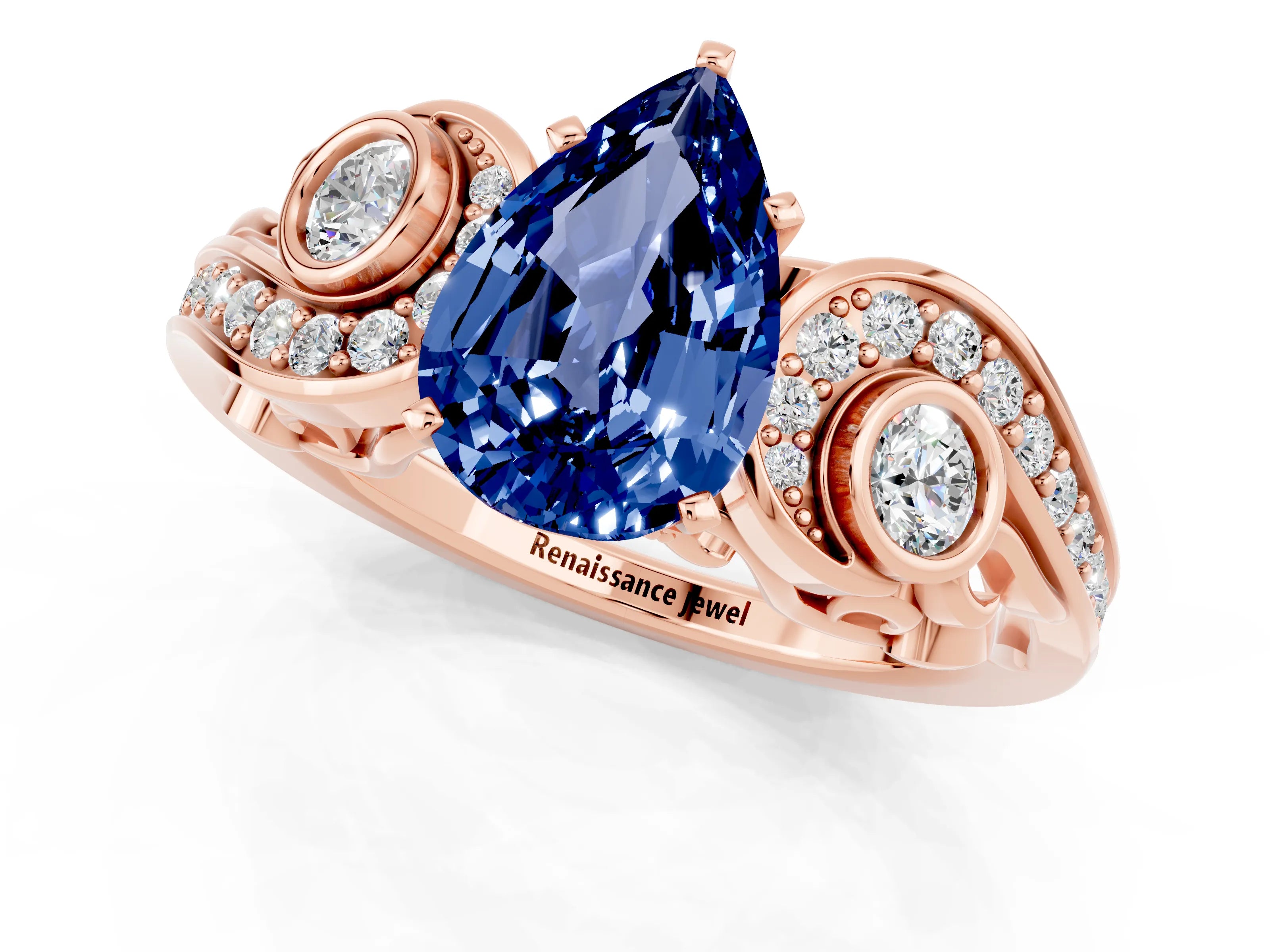 Rose gold Pear Cut Blue Sapphire Solitaire Ring with Milgrain Pavé Band and Four-Prong Setting_25