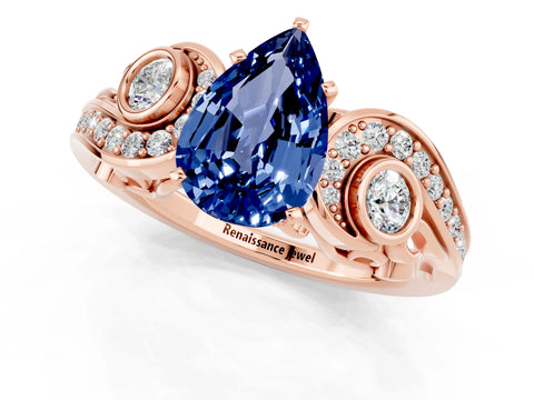 Rose gold Pear Cut Blue Sapphire Solitaire Ring with Milgrain Pavé Band and Four-Prong Setting_25