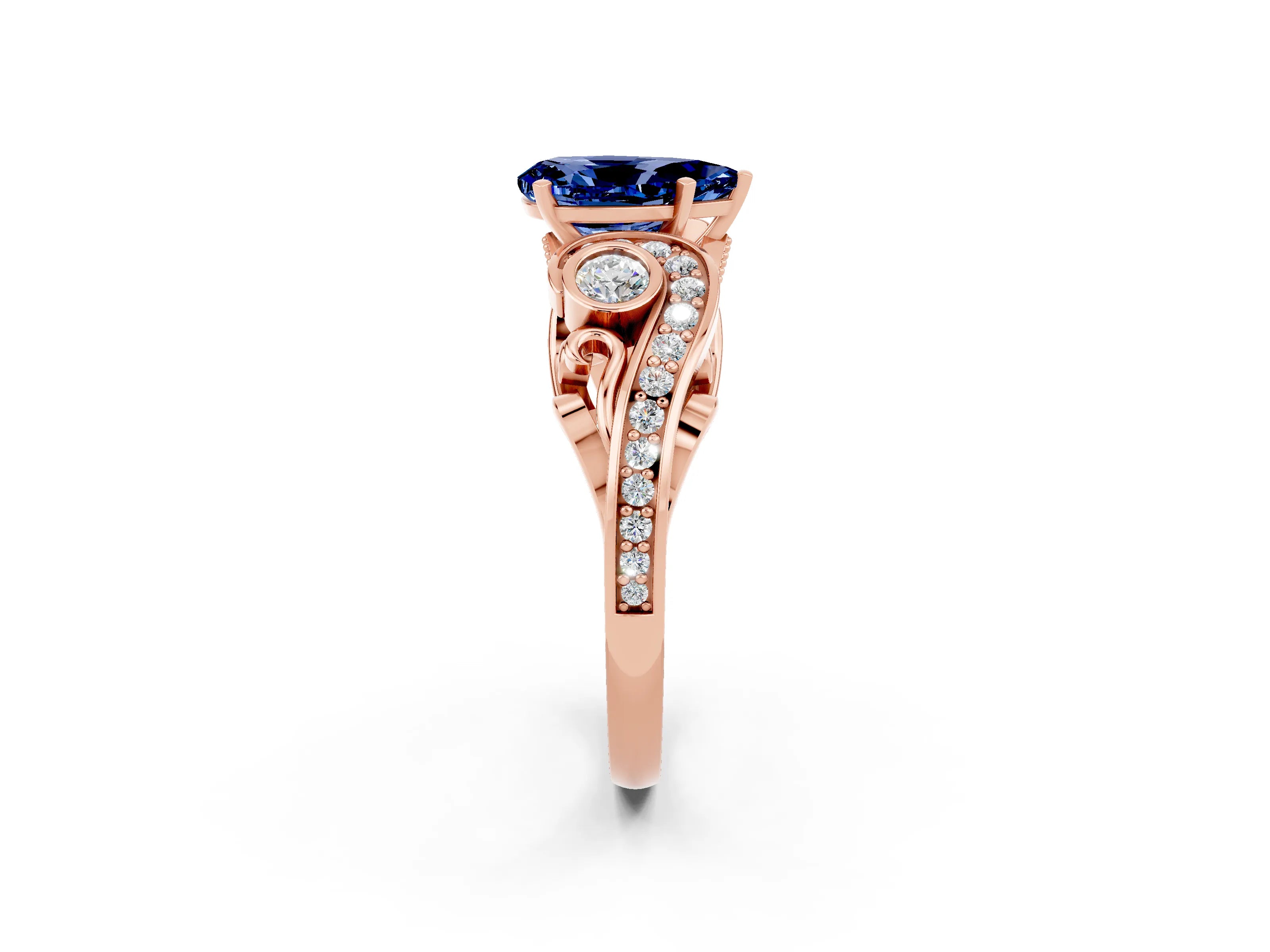 Rose gold Pear Cut Blue Sapphire Solitaire Ring with Milgrain Pavé Band and Four-Prong Setting_26
