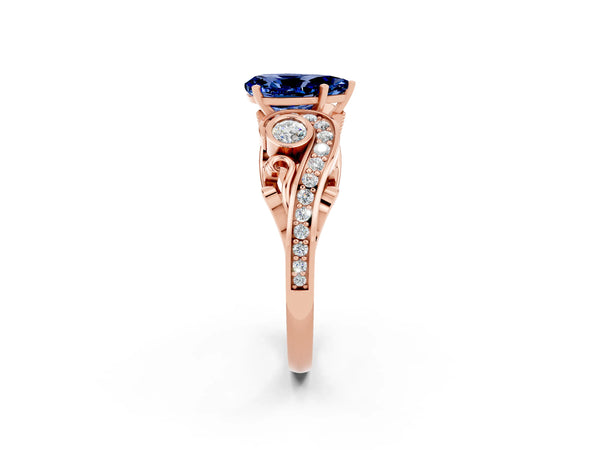 Rose gold Pear Cut Blue Sapphire Solitaire Ring with Milgrain Pavé Band and Four-Prong Setting