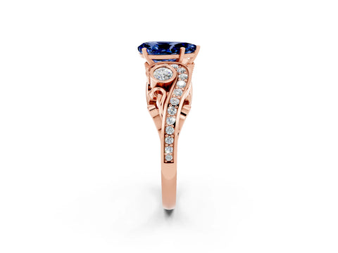 Rose gold Pear Cut Blue Sapphire Solitaire Ring with Milgrain Pavé Band and Four-Prong Setting_26