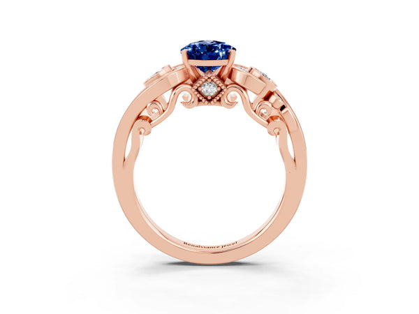 Rose gold Pear Cut Blue Sapphire Solitaire Ring with Milgrain Pavé Band and Four-Prong Setting