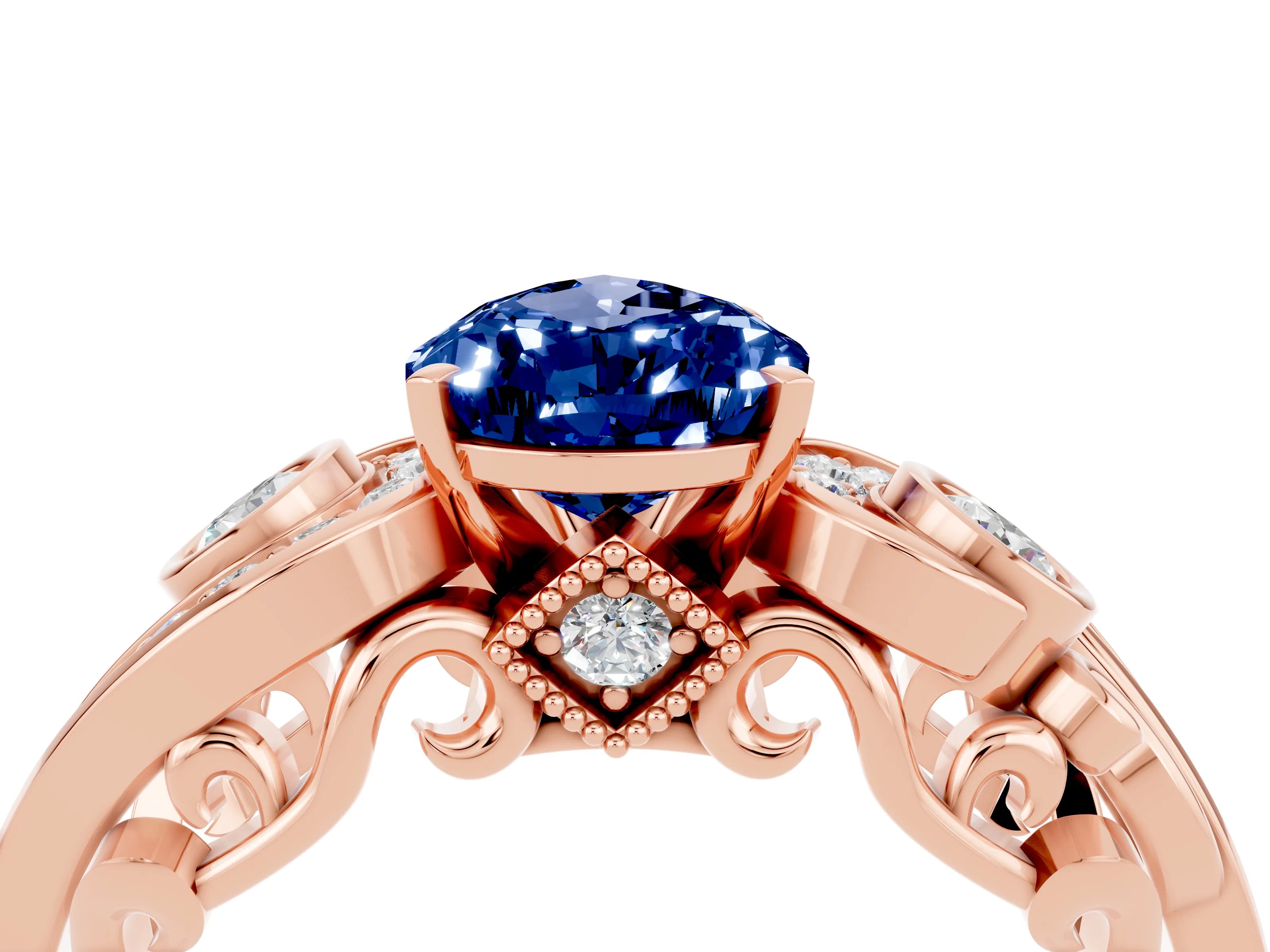 Rose gold Pear Cut Blue Sapphire Solitaire Ring with Milgrain Pavé Band and Four-Prong Setting_28