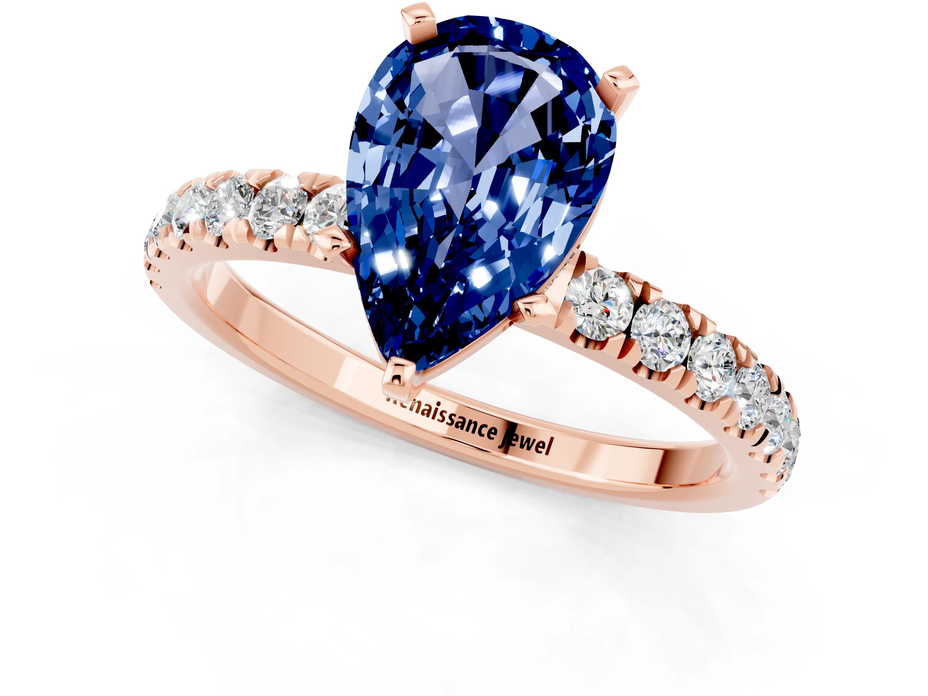 Rose gold Pear Cut Blue Sapphire Solitaire Ring with Pavé Accents and Four-Prong Setting_1