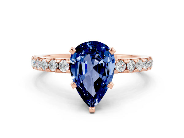 Rose gold Pear Cut Blue Sapphire Solitaire Ring with Round  Pavé Band and Four-Prong Setting