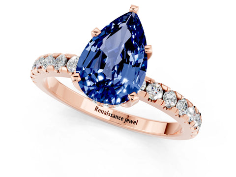 Rose gold Pear Cut Blue Sapphire Solitaire Ring with Pavé Band and Four-Prong Setting_25
