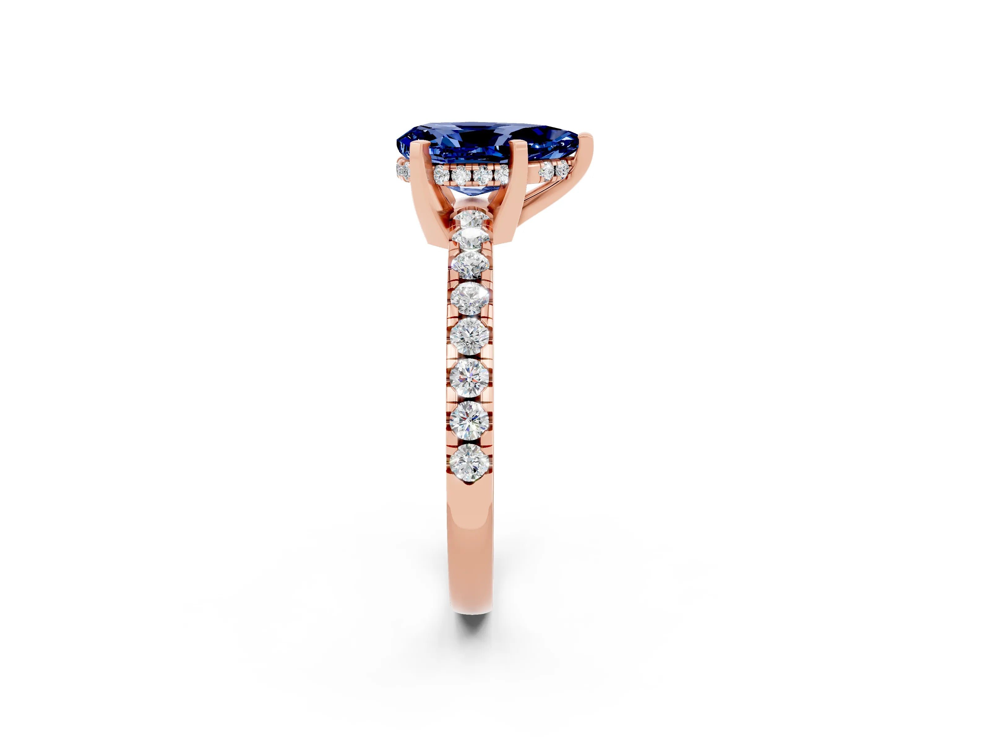 Rose gold Pear Cut Blue Sapphire Solitaire Ring with Pavé Band and Four-Prong Setting_26