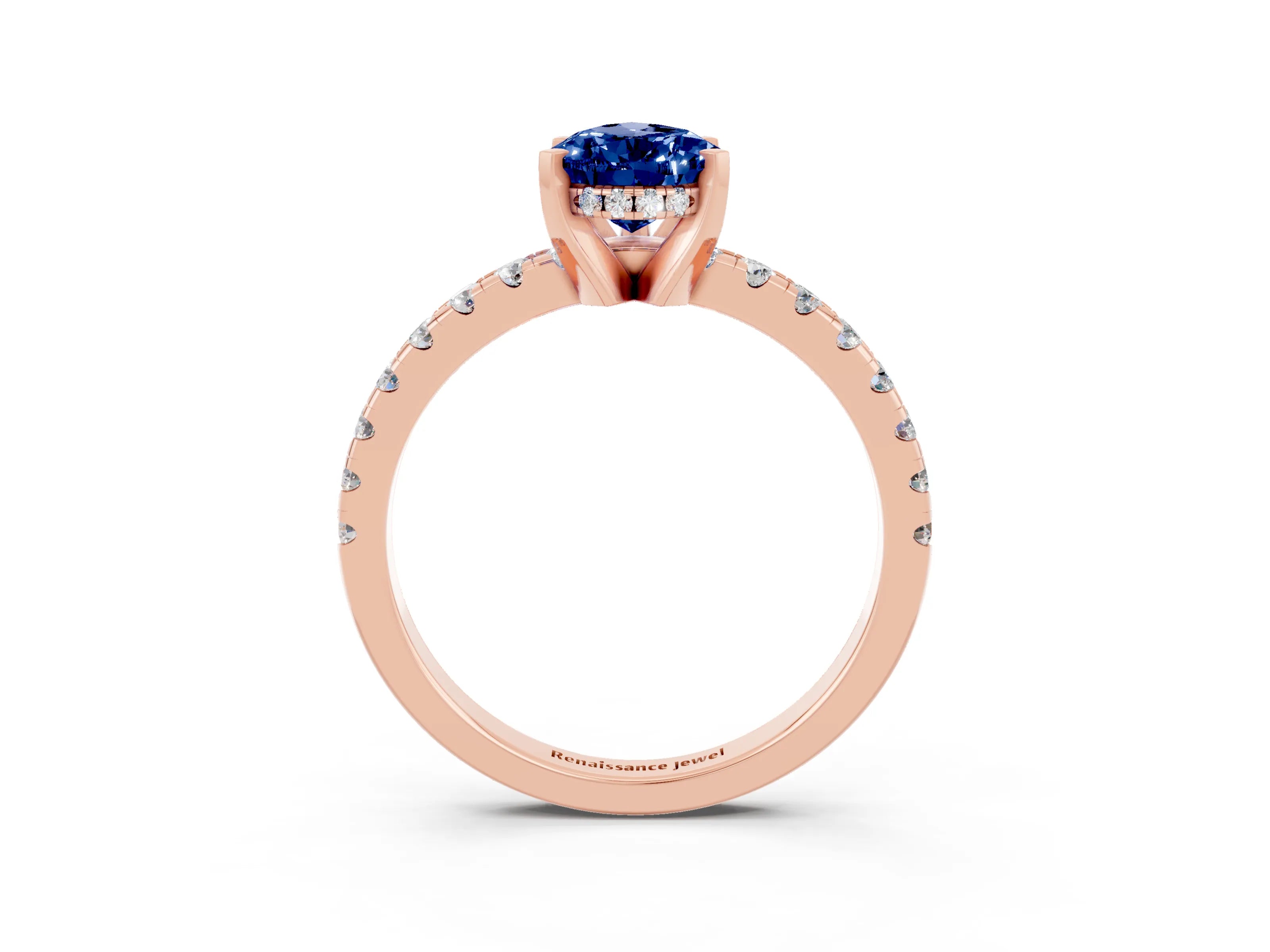 Rose gold Pear Cut Blue Sapphire Solitaire Ring with Pavé Band and Four-Prong Setting_27