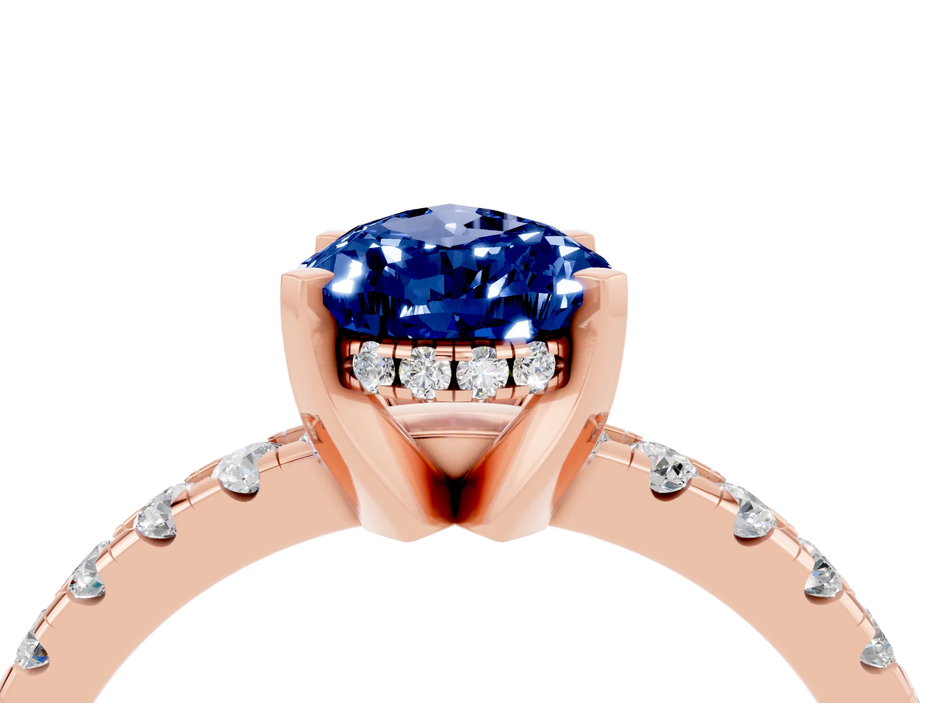 Rose gold Pear Cut Blue Sapphire Solitaire Ring with Pavé Band and Four-Prong Setting_28