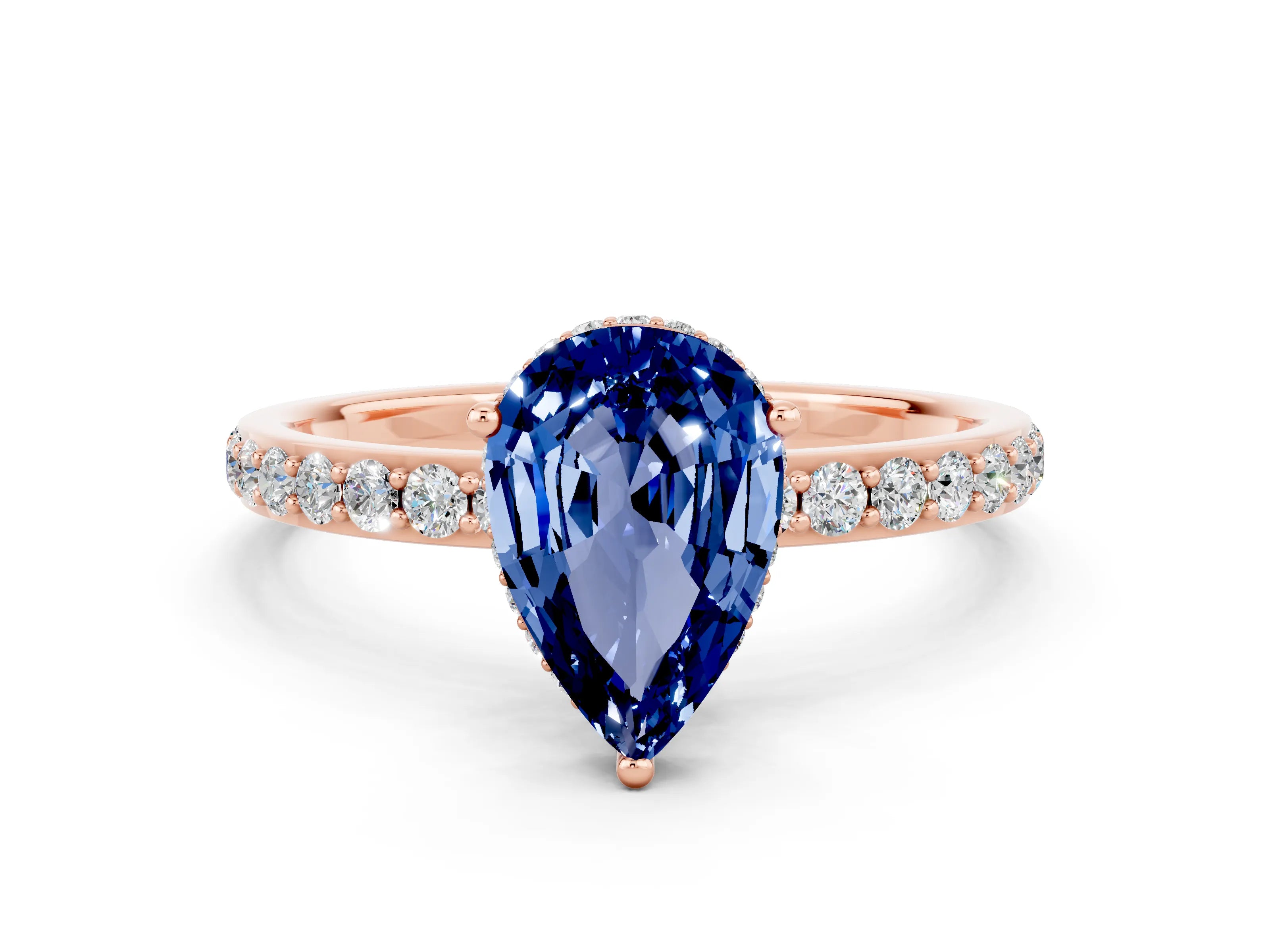 Rose gold Pear Cut Blue Sapphire Solitaire Ring with Pavé Band and Hidden Halo_12