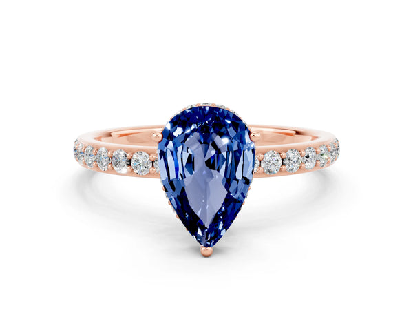 Rose gold Pear Cut Blue Sapphire Solitaire Ring with Pavé Band and Hidden Halo
