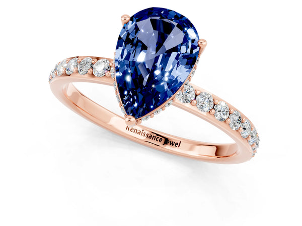 Rose gold Pear Cut Blue Sapphire Solitaire Ring with Pavé Band and Hidden Halo