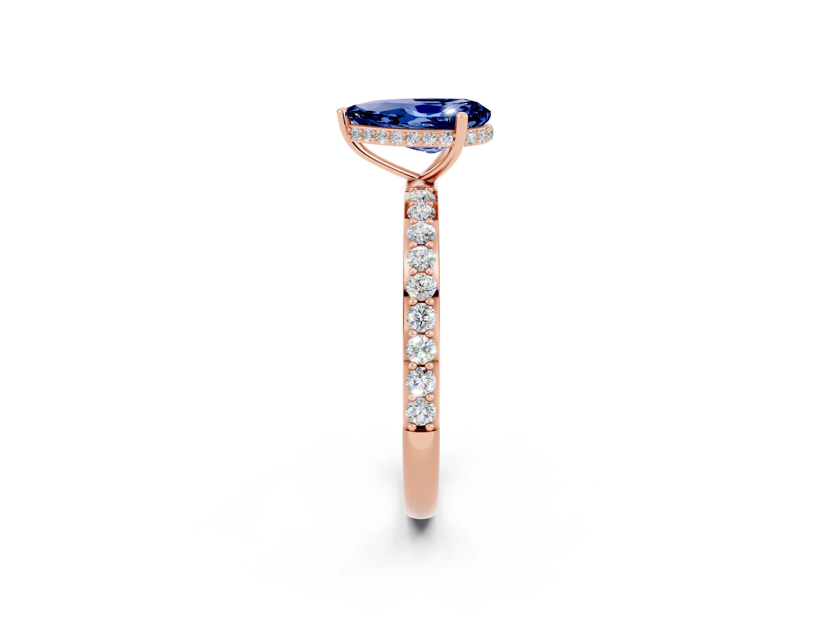Rose gold Pear Cut Blue Sapphire Solitaire Ring with Pavé Band and Hidden Halo_14
