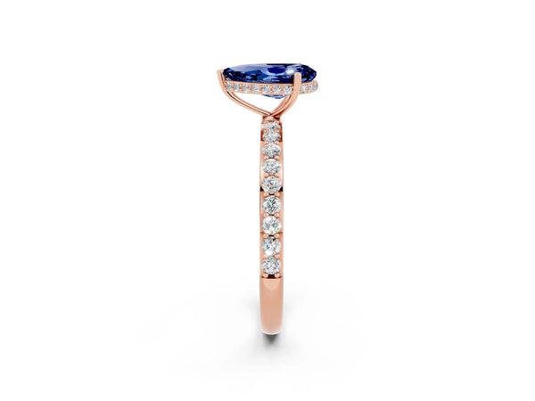 Rose gold Pear Cut Blue Sapphire Solitaire Ring with Pavé Band and Hidden Halo