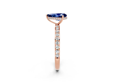 Rose gold Pear Cut Blue Sapphire Solitaire Ring with Pavé Band and Hidden Halo_14
