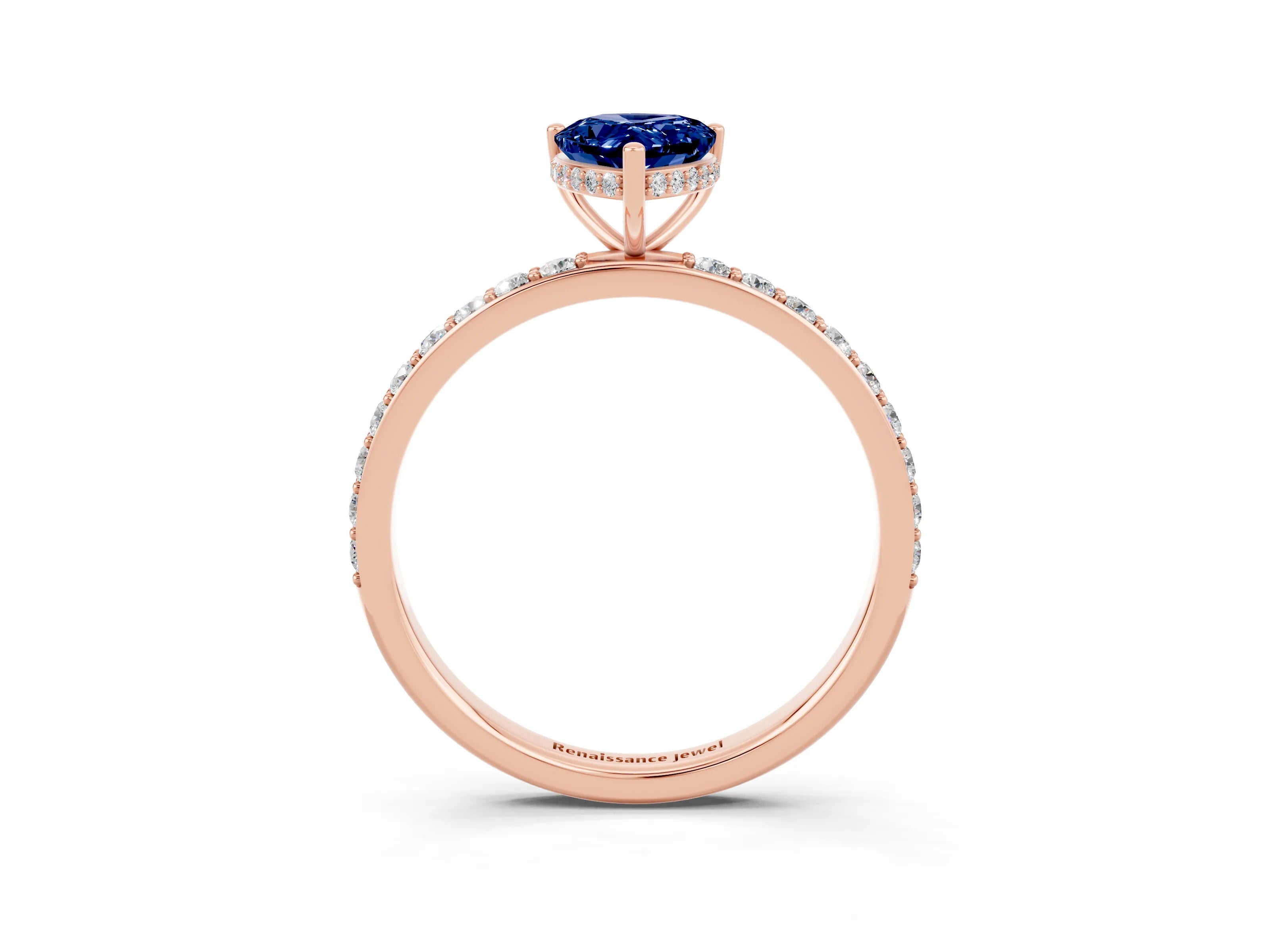 Rose gold Pear Cut Blue Sapphire Solitaire Ring with Pavé Band and Hidden Halo_15