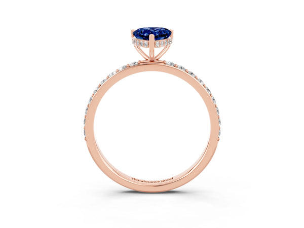 Rose gold Pear Cut Blue Sapphire Solitaire Ring with Pavé Band and Hidden Halo