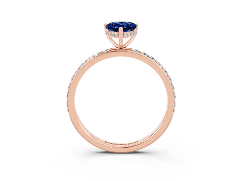 Rose gold Pear Cut Blue Sapphire Solitaire Ring with Pavé Band and Hidden Halo_15