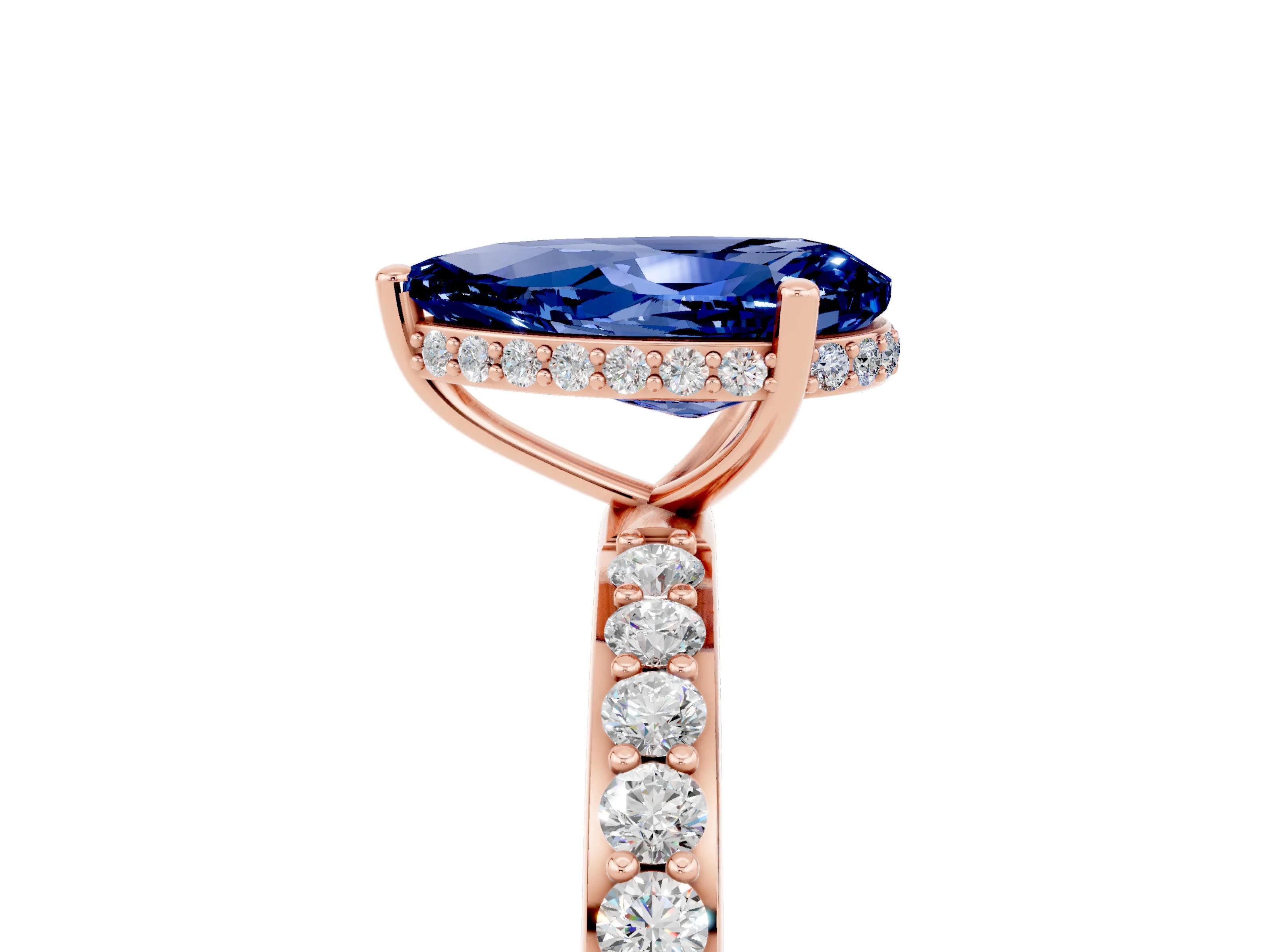 Rose gold Pear Cut Blue Sapphire Solitaire Ring with Pavé Band and Hidden Halo_17