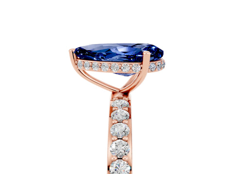 Rose gold Pear Cut Blue Sapphire Solitaire Ring with Pavé Band and Hidden Halo_17