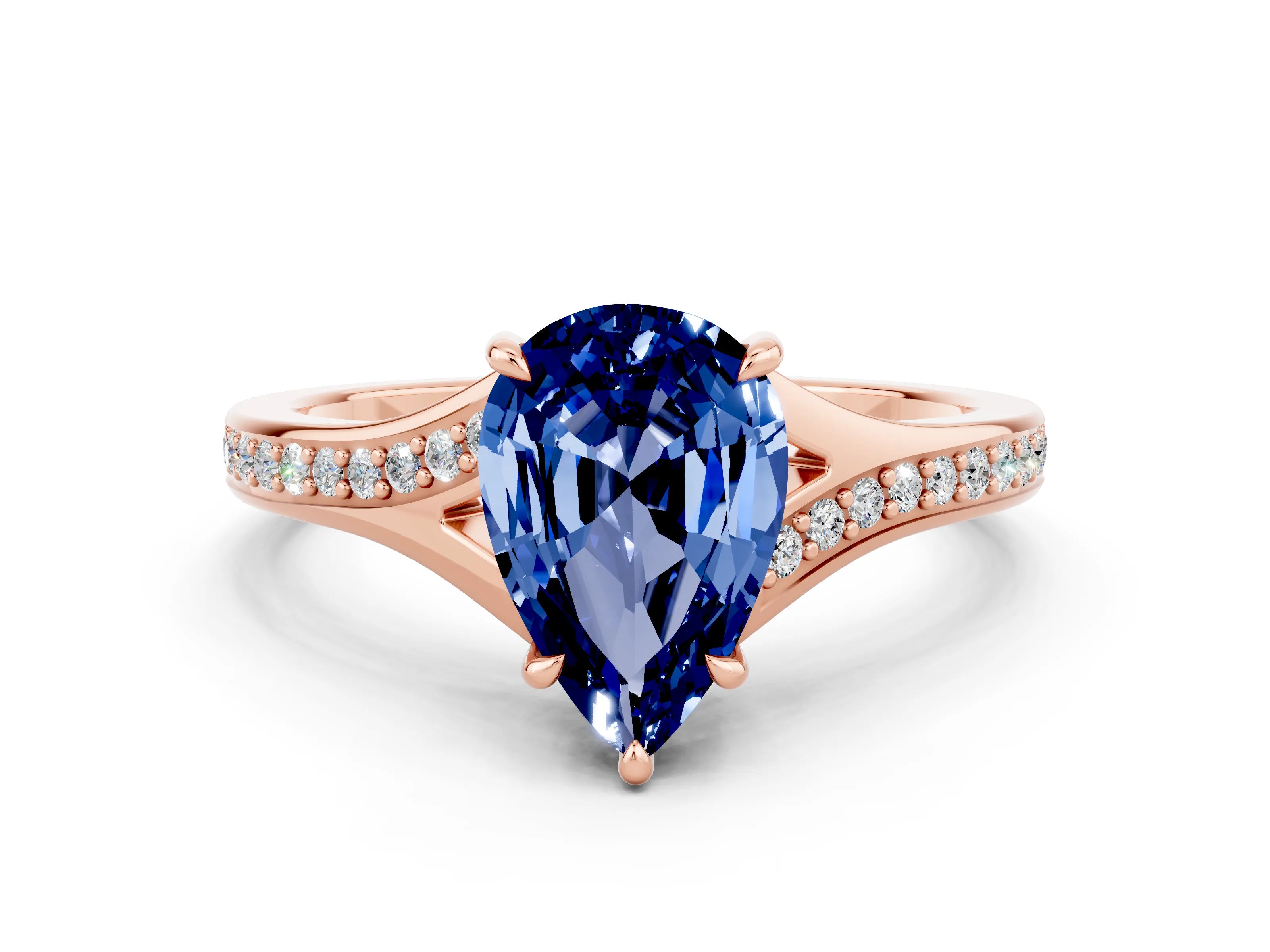 Rose gold Pear Cut Blue Sapphire Solitaire Ring with Pavé Band and Prong Setting