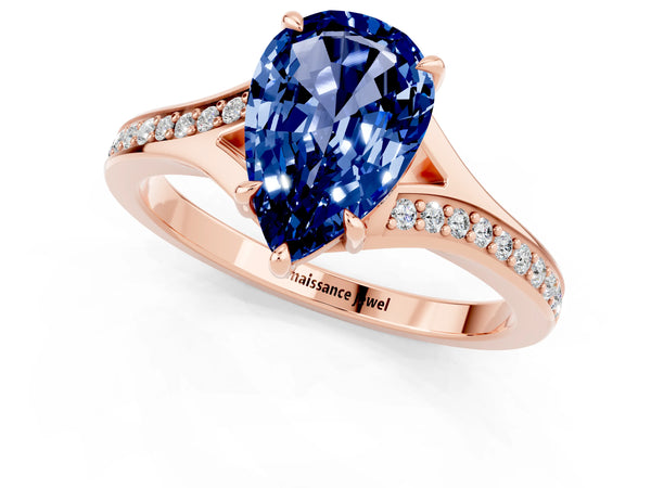 Rose gold Pear Cut Blue Sapphire Solitaire Ring with Pavé Band and Prong Setting
