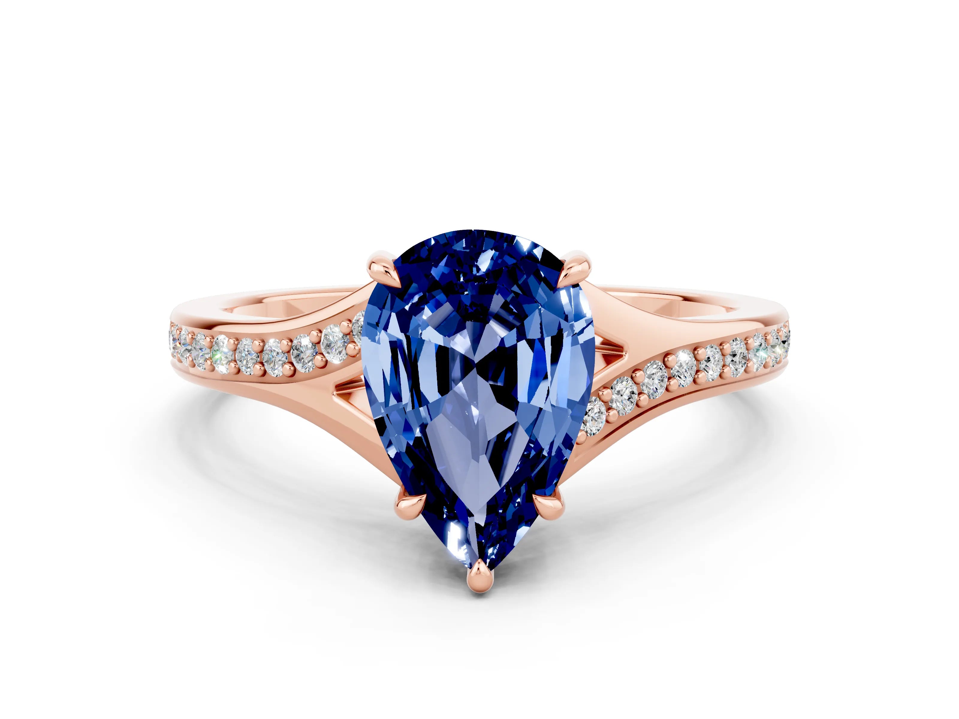 Rose gold Pear Cut Blue Sapphire Solitaire Ring with Pavé Band and Prong Setting_12