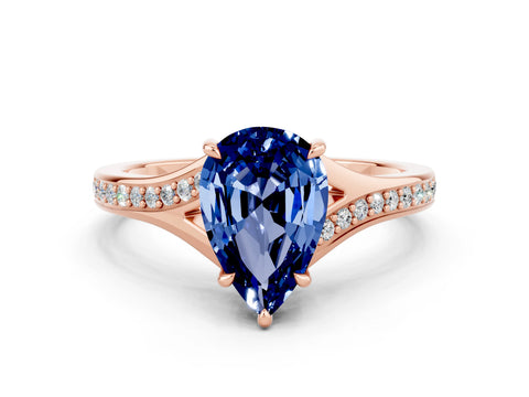 Rose gold Pear Cut Blue Sapphire Solitaire Ring with Pavé Band and Prong Setting_12