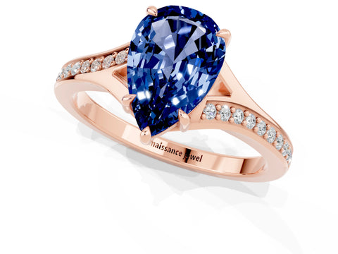 Rose gold Pear Cut Blue Sapphire Solitaire Ring with Pavé Band and Prong Setting_13