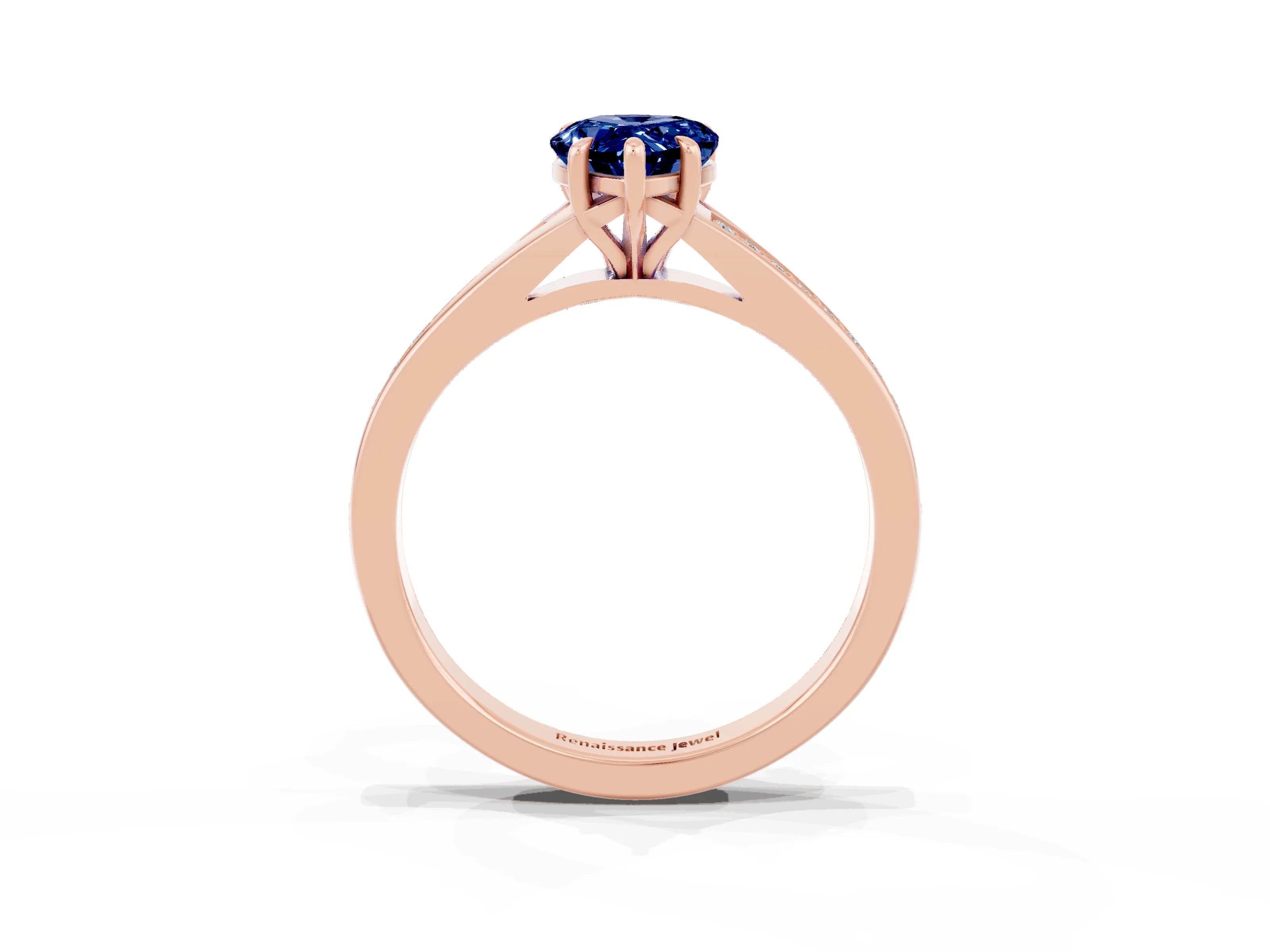 Rose gold Pear Cut Blue Sapphire Solitaire Ring with Pavé Band and Prong Setting_15