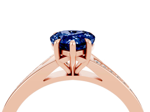 Rose gold Pear Cut Blue Sapphire Solitaire Ring with Pavé Band and Prong Setting_16