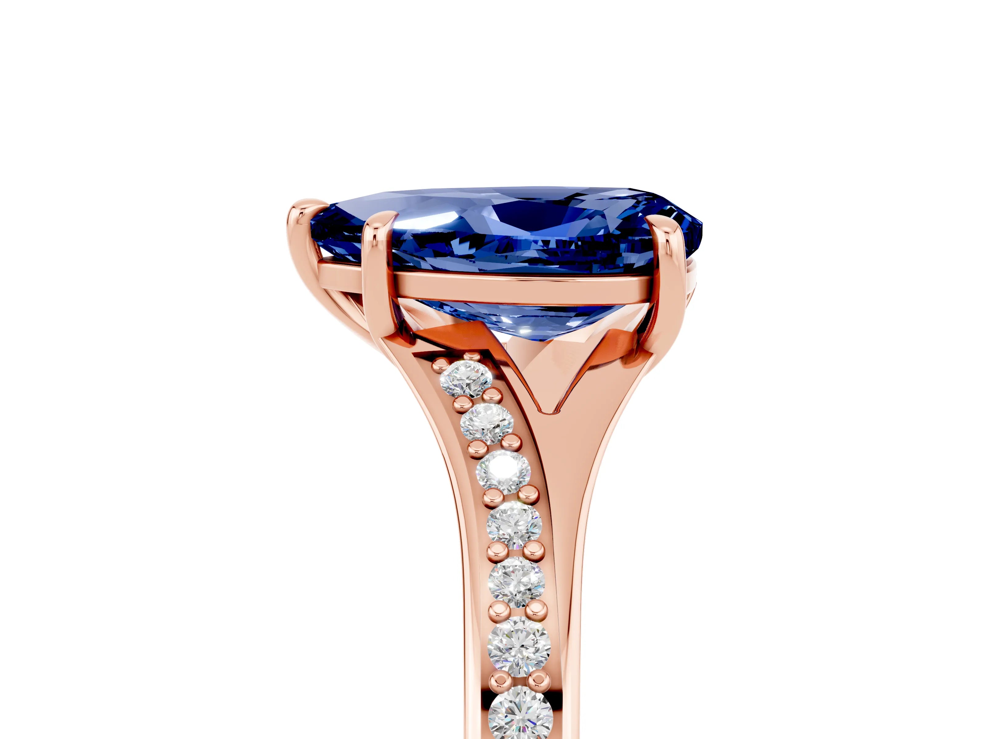 Rose gold Pear Cut Blue Sapphire Solitaire Ring with Pavé Band and Prong Setting_17