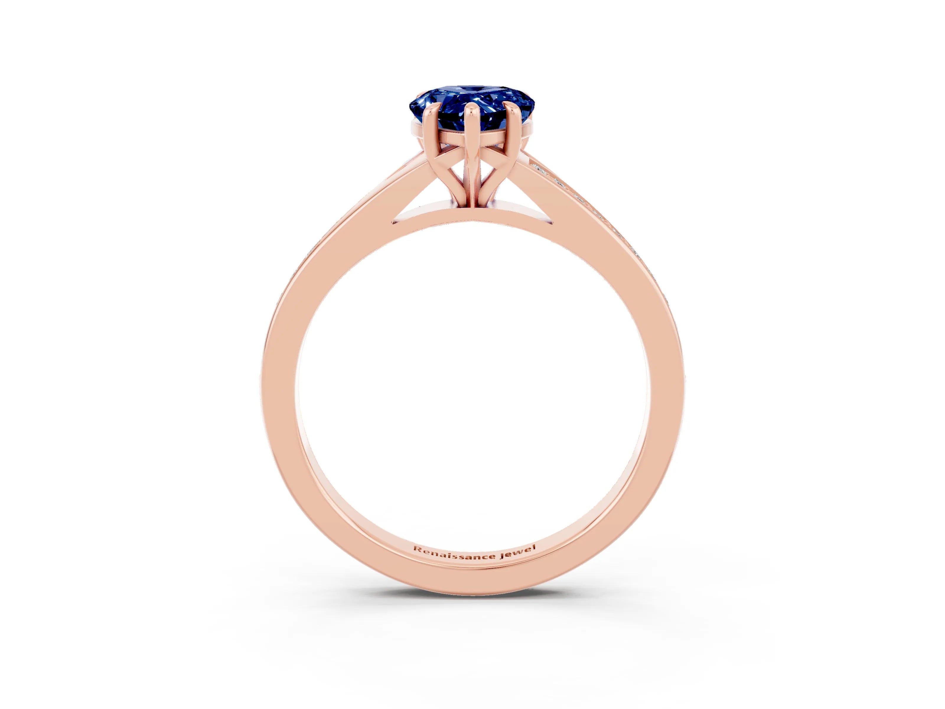 Rose gold Pear Cut Blue Sapphire Solitaire Ring with Pavé Band and Prong Setting_3