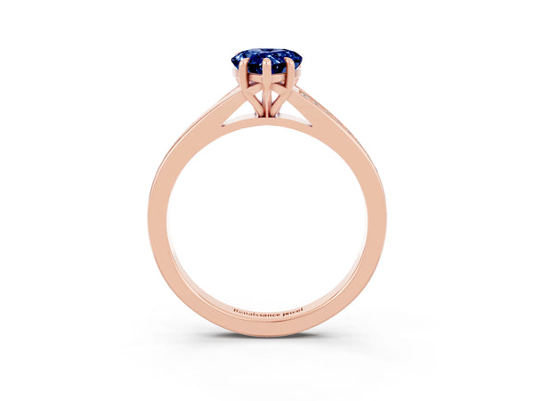 Rose gold Pear Cut Blue Sapphire Solitaire Ring with Pavé Band and Prong Setting