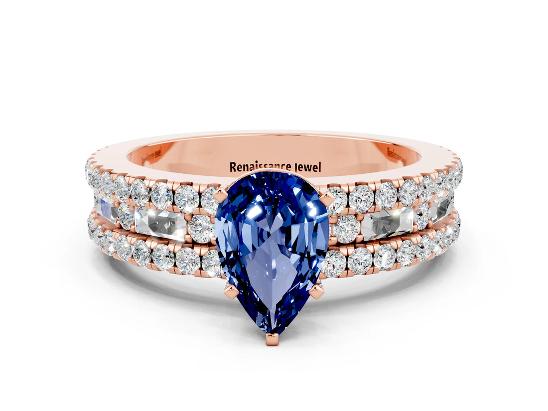 Rose gold Pear Cut Blue Sapphire Solitaire Ring with Pavé and Channel Set Band