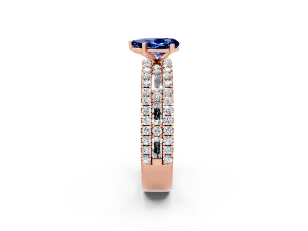 Rose gold Pear Cut Blue Sapphire Solitaire Ring with Pavé and Channel Set Band