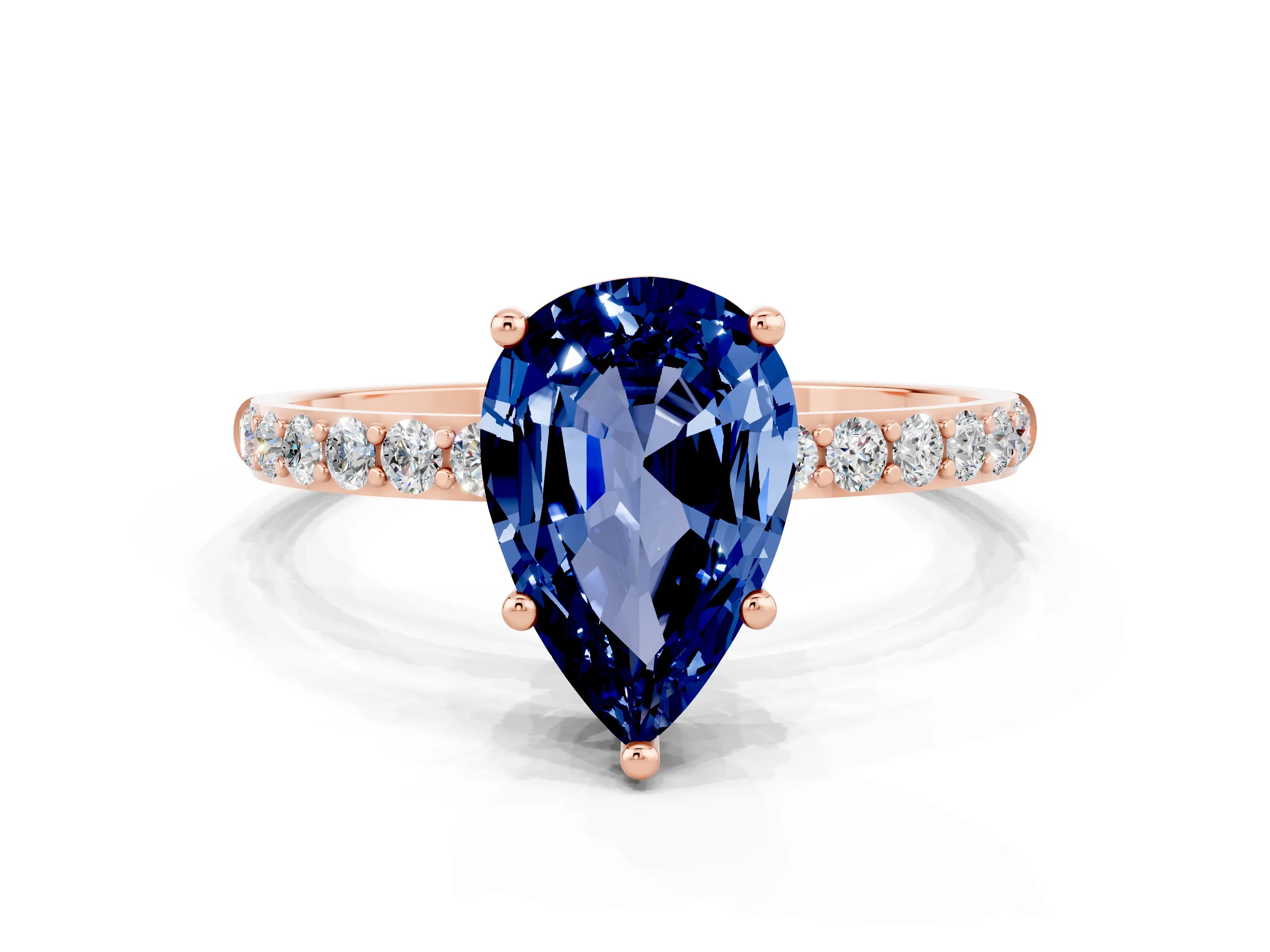 Rose gold Pear Cut Blue Sapphire Solitaire Ring with Pave Band and Four Prong Setting_24