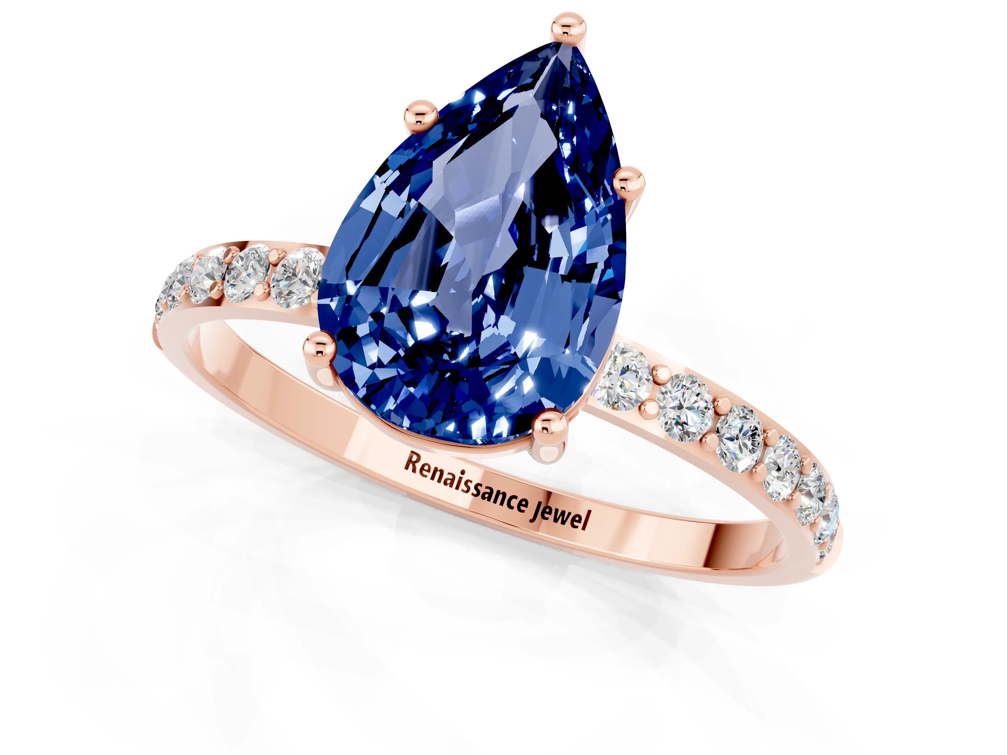 Rose gold Pear Cut Blue Sapphire Solitaire Ring with Pave Band and Four Prong Setting_25
