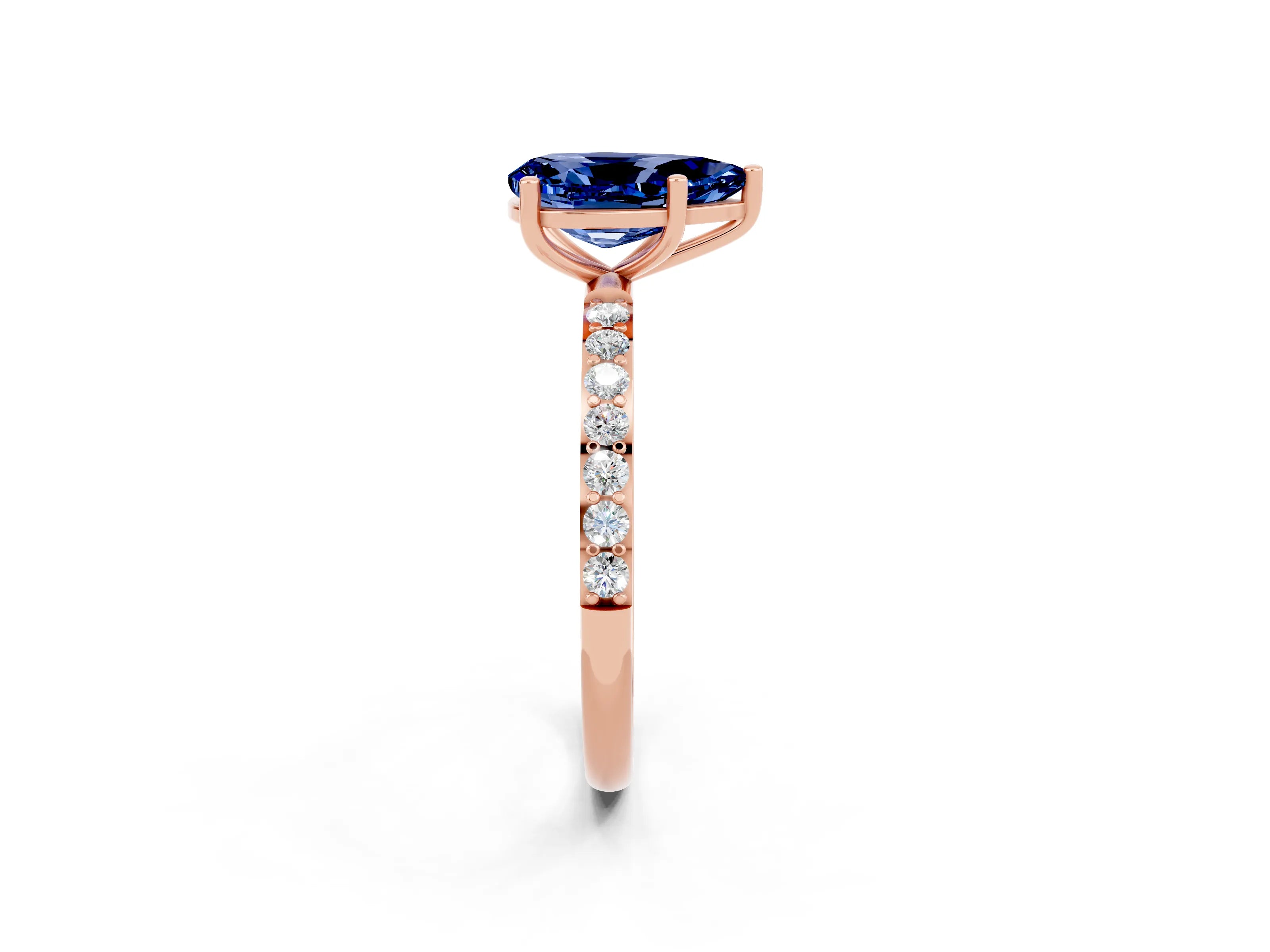 Rose gold Pear Cut Blue Sapphire Solitaire Ring with Pave Band and Four Prong Setting_26